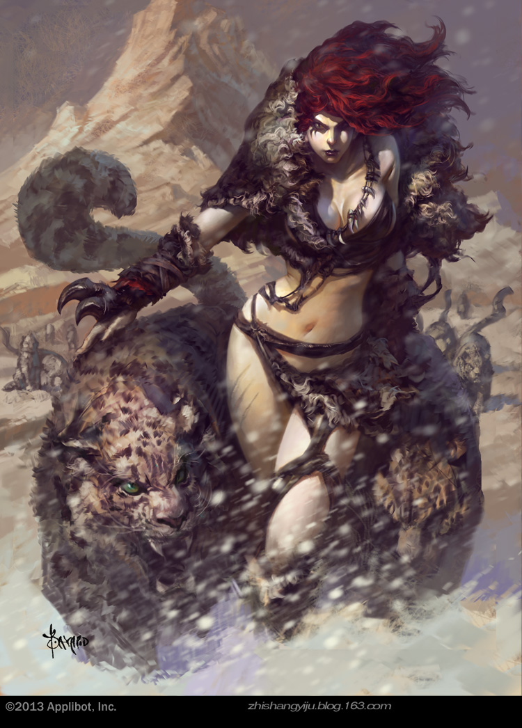 1girl artist_name bayard_wu breasts cleavage curly_hair facial_mark fur_trim legend_of_the_cryptids lipstick long_hair makeup midriff mountain navel official_art redhead scar slit_pupils snow snow_leopard snowing solo watermark web_address