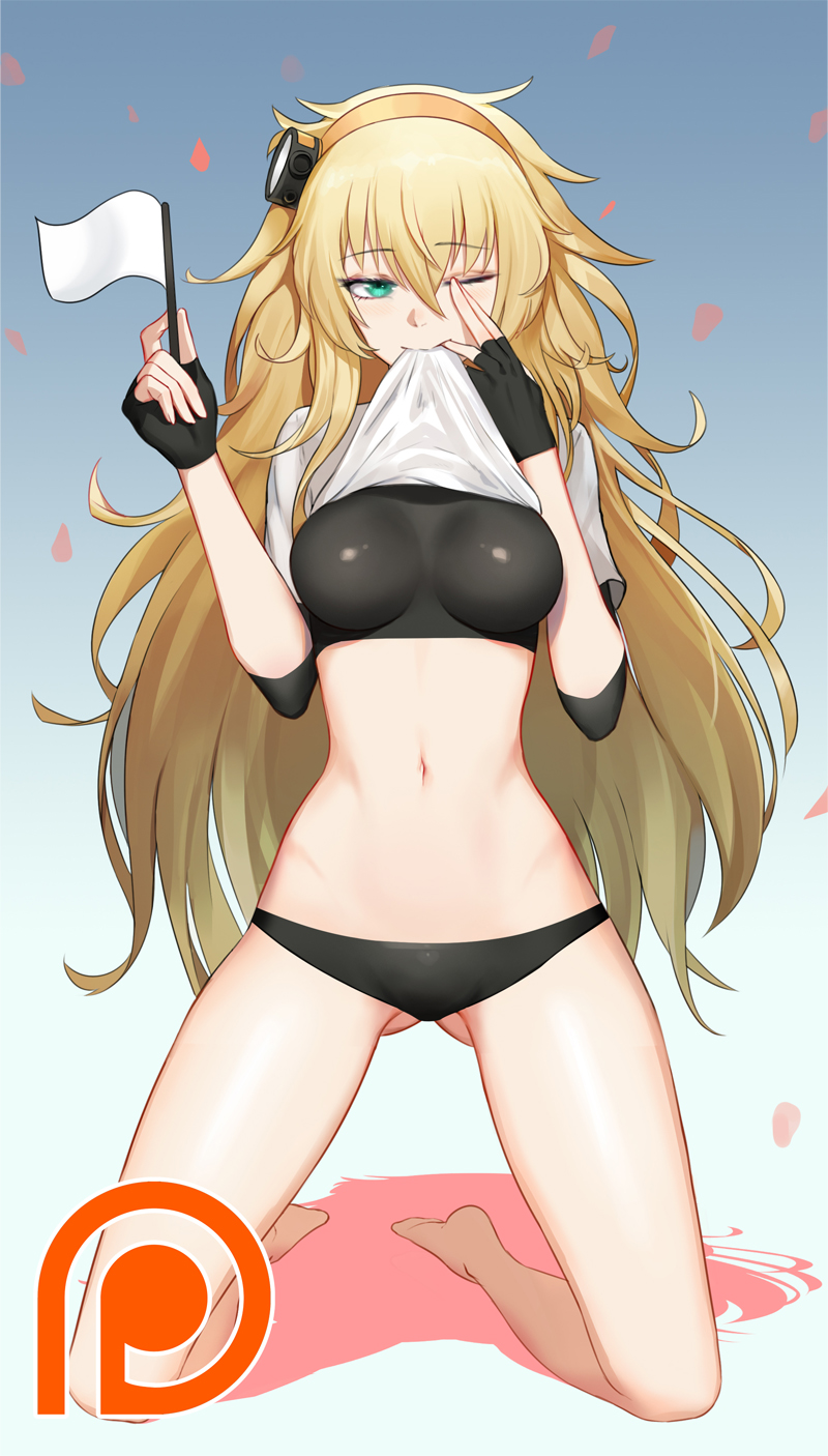 1girl bangs bare_legs barefoot black_bodysuit black_gloves black_panties black_shirt black_shorts blonde_hair blue_background blush bodysuit breasts eyebrows_visible_through_hair finger_in_mouth fingerless_gloves flag flower girls_frontline gloves gluteal_fold gradient gradient_background greem_bang green_eyes groin hair_between_eyes hairband hand_on_own_face hands_up highres holding holding_flag impossible_clothes kneeling long_hair looking_at_viewer medium_breasts messy_hair mouth_hold navel one_eye_closed orange_hairband panties partial_bodysuit patreon_logo petals s.a.t.8_(girls_frontline) shirt shirt_in_mouth shirt_lift short_sleeves shorts sidelocks skin_tight solo stomach thighs underwear very_long_hair white_flag white_flower white_shirt