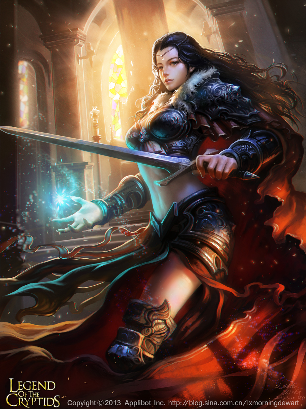 1girl artist_name black_hair blue_eyes boots breastplate breasts cape circlet cleavage copyright_name fur_trim highres legend_of_the_cryptids liang_xing long_hair magic midriff navel official_art sword watermark weapon web_address window
