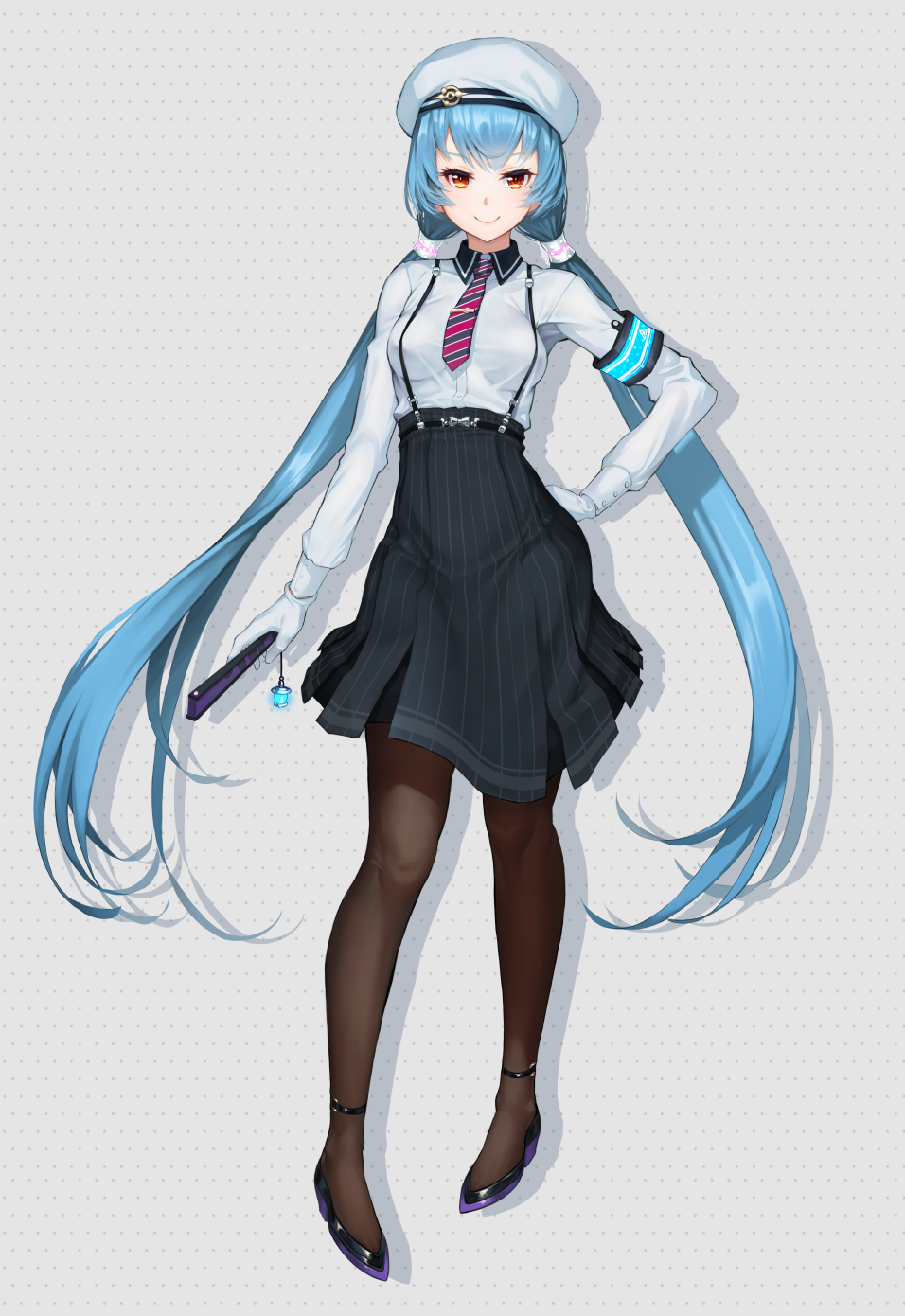 1girl aqua_hair armband black_legwear closed_mouth full_body gloves highres long_hair looking_at_viewer necktie original pantyhose qbase red_eyes skirt smile solo suspender_skirt suspenders twintails very_long_hair white_gloves