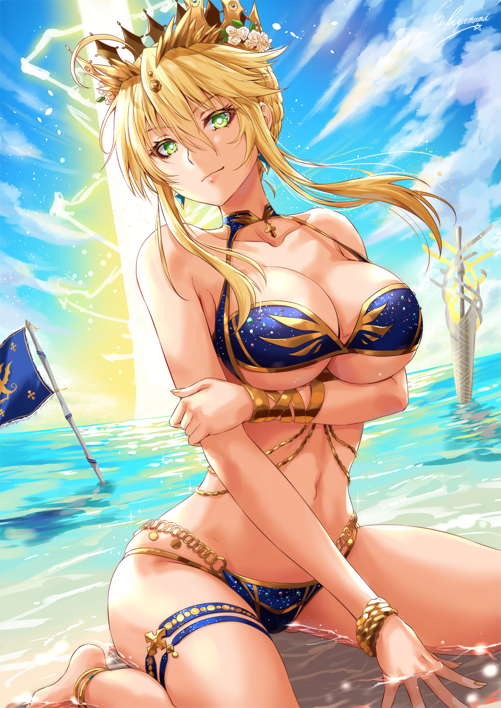 1girl armpits artist_name artoria_pendragon_(all) artoria_pendragon_(lancer) bangs beach_chair belly_chain bikini blonde_hair blue_bikini breasts cleavage closed_mouth collarbone crown cup day drinking_glass fate/grand_order fate_(series) flower frown green_eyes hair_between_eyes hair_flower hair_ornament highres holding holding_drinking_glass jewelry large_breasts long_arms long_hair looking_at_viewer nail_polish navel ocean outdoors sakiyamama sitting sky solo swimsuit thigh_strap umbrella under_boob wristband