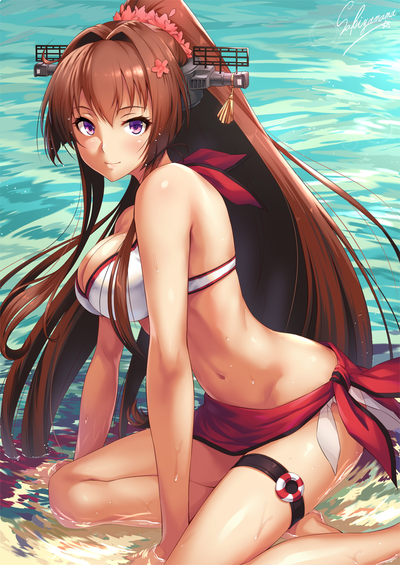 1girl arm_support artist_name beach between_legs bikini blush breasts brown_hair closed_mouth day hair_intakes hand_between_legs headgear kantai_collection kneeling large_breasts long_hair looking_at_viewer navel outdoors partially_submerged petals ponytail sakiyamama sarong side-tie_bikini smile solo swimsuit thigh_strap very_long_hair violet_eyes water white_bikini yamato_(kantai_collection)