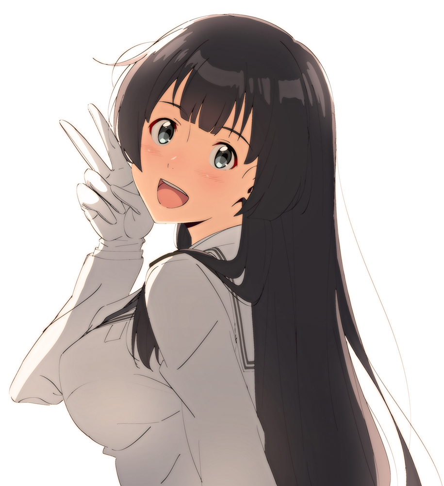 1girl :d agano_(kantai_collection) alternate_costume black_hair blue_eyes breasts gloves kantai_collection key_kun large_breasts long_hair looking_at_viewer open_mouth simple_background smile solo uniform upper_body white_background white_gloves white_uniform