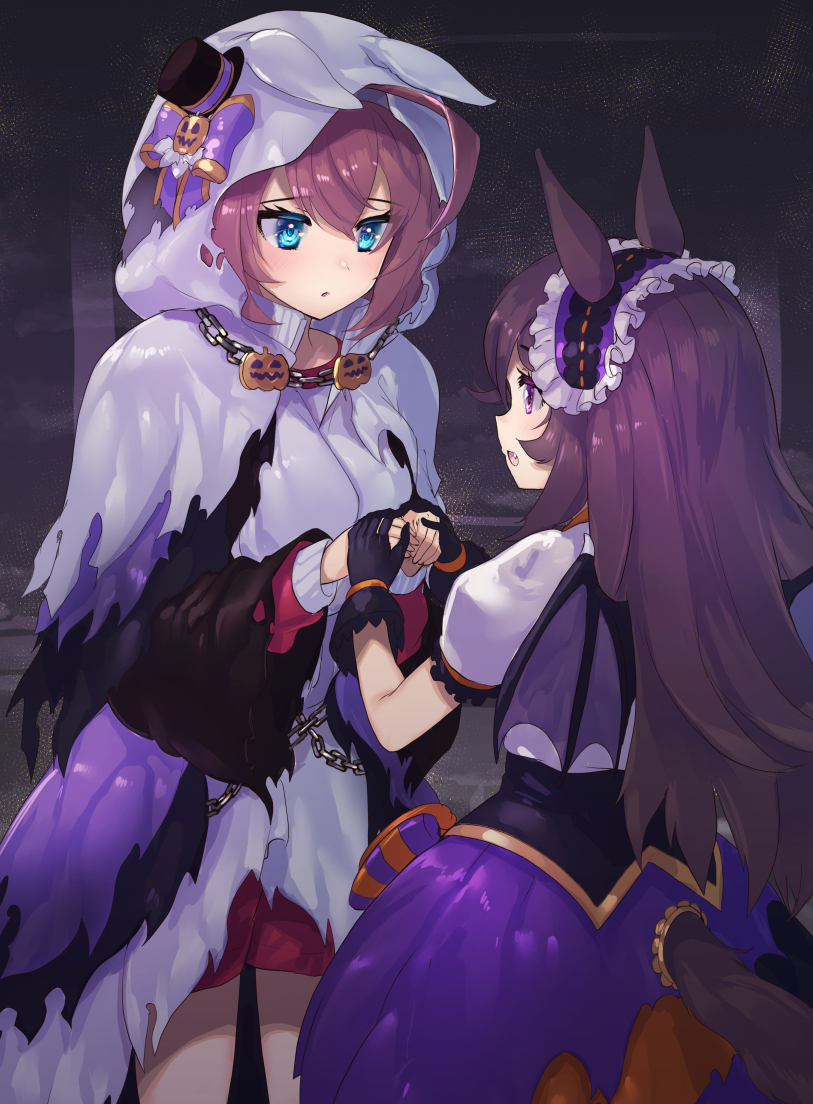 2girls animal_ears bangs black_gloves black_wings blue_eyes bow brown_hair capelet chain commentary_request demon_wings dress fang frilled_hairband frills ghost_costume gloves hairband halloween halloween_costume hat holding_hands hood hood_up hooded_capelet horse_ears horse_girl horse_tail jack-o'-lantern_ornament long_hair long_sleeves looking_at_another make_up_in_halloween!_(umamusume) medium_skirt mihono_bourbon_(umamusume) mini_hat mini_top_hat multiple_girls parted_lips puffy_short_sleeves puffy_sleeves purple_bow purple_dress purple_hairband purple_skirt rice_shower_(umamusume) shirt short_sleeves skirt standing tadano_magu tail top_hat umamusume vampire_costume violet_eyes white_shirt wings