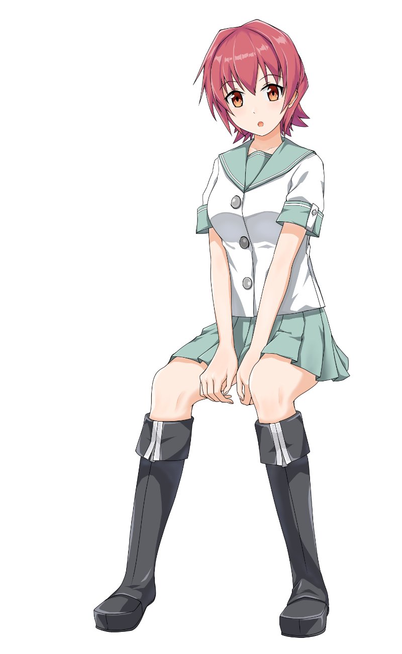 1girl aqua_skirt black_footwear boots full_body highres kantai_collection kinu_(kantai_collection) knee_boots looking_at_viewer orange_eyes pleated_skirt redhead ritsuseki school_uniform serafuku shirt short_hair short_sleeves simple_background sitting skirt solo v_arms white_background white_shirt