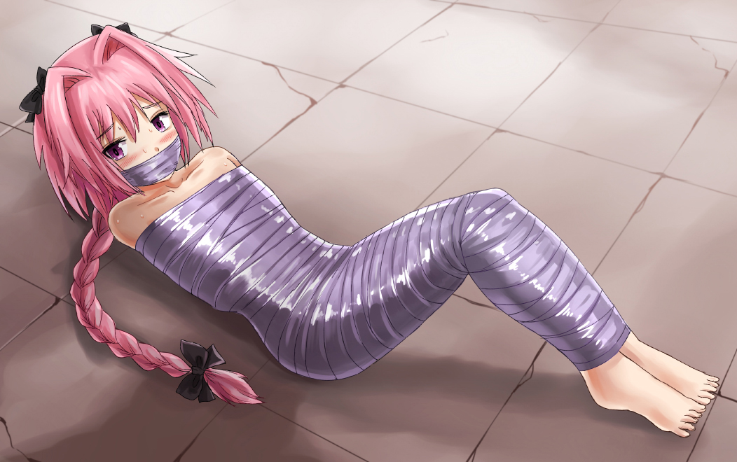 1boy astolfo_(fate) bare_shoulders barefoot bdsm black_bow blush bondage bound bow braid collarbone commentary cracked_floor english_commentary eyebrows_visible_through_hair fate/grand_order fate_(series) from_above full_body gag hair_between_eyes hair_bow hair_intakes improvised_gag jitan777 knees_up long_braid long_hair looking_at_viewer lying male_focus multicolored_hair mummy on_back pink_hair shadow shiny single_braid solo streaked_hair sweat tape tape_bondage tape_gag trap violet_eyes white_hair