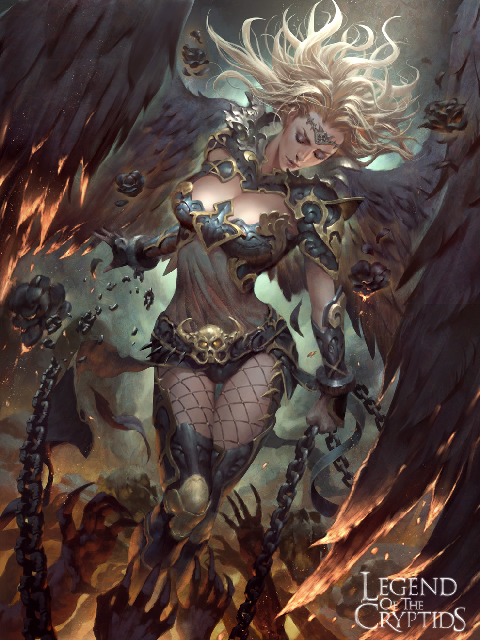 1girl black_flower black_rose blonde_hair bodysuit boots breasts chains circlet cleavage closed_eyes copyright_name feathered_wings fingerless_gloves fire flower gloves highres legend_of_the_cryptids lius_lasahido long_hair official_art rose solo thigh-highs watermark web_address wings