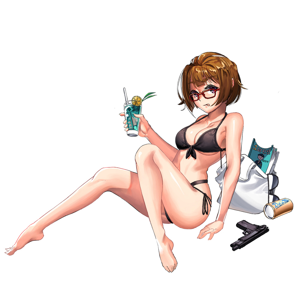 1girl arm_support bag bangs bare_arms bare_legs bare_shoulders barefoot beudyek bikini black-framed_eyewear black_bikini breasts brown_hair cleavage collarbone commentary_request cup drink drinking_glass drinking_straw eyebrows_visible_through_hair eyewear_removed front-tie_bikini front-tie_top girls_frontline grizzly_mkv grizzly_mkv_(girls_frontline) gun handgun head_tilt holding holding_drinking_glass korean_commentary medium_breasts object_namesake pistol red_eyes shopping_bag short_hair side-tie_bikini simple_background sitting solo sunglasses swimsuit thick_eyebrows weapon white_background