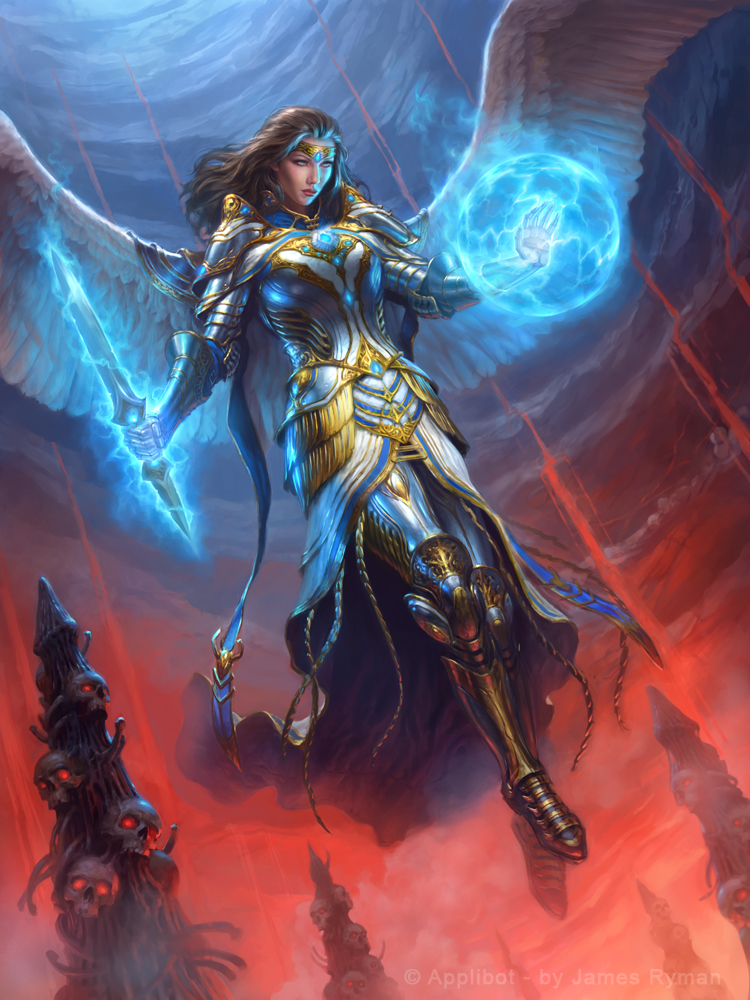 1girl angel armor armored_boots blue_eyes boots breasts cleavage dagger feathered_wings gloves james_ryman legend_of_the_cryptids magic official_art skull solo tiara watermark weapon web_address wings