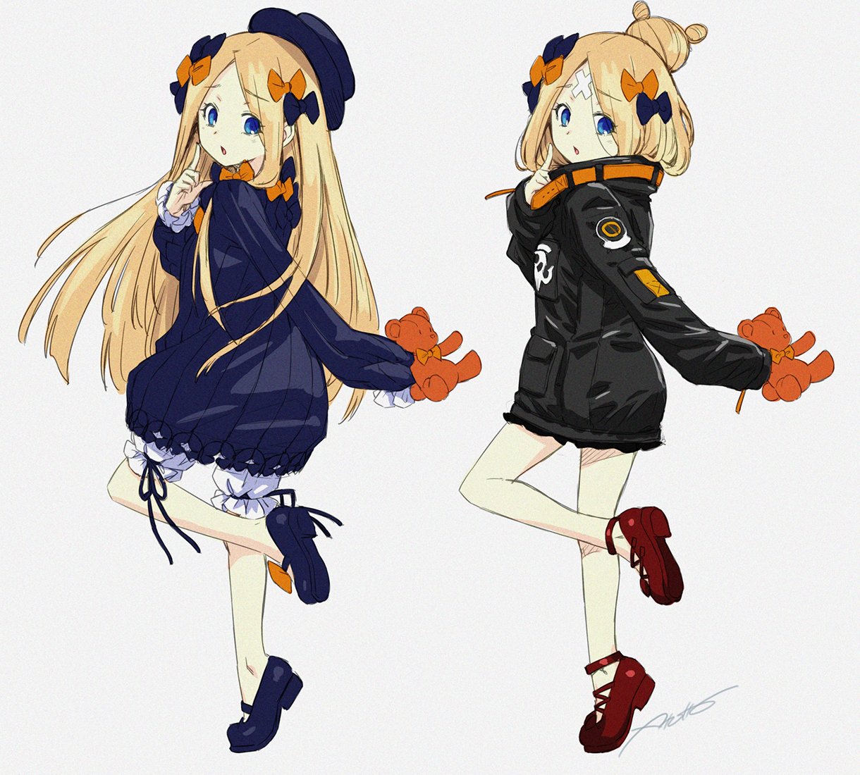 2girls abigail_williams_(fate/grand_order) alternate_hairstyle bandaid_on_forehead bangs belt black_bow black_dress black_hat black_jacket blonde_hair bloomers blue_eyes blush bow dress dual_persona fate/grand_order fate_(series) forehead full_body hair_bow hair_bun hat high_collar holding holding_stuffed_animal index_finger_raised jacket kazuma_muramasa legs loafers long_hair looking_at_viewer multiple_girls open_mouth orange_bow parted_bangs polka_dot polka_dot_bow shoes simple_background sleeves_past_fingers sleeves_past_wrists solo stuffed_animal stuffed_toy teddy_bear thighs underwear white_background white_bloomers