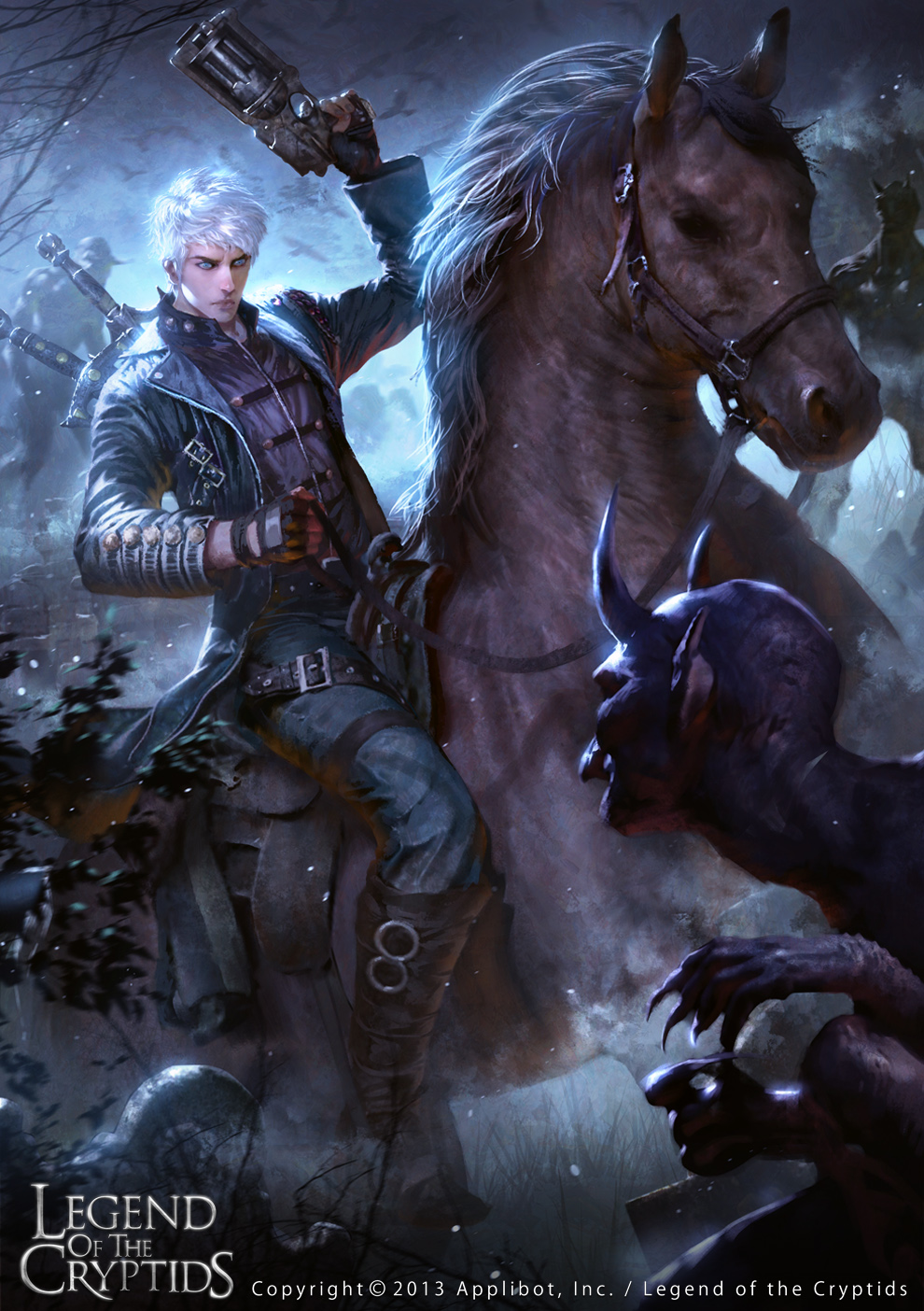 1boy bird blue_eyes boots copyright_name demon fingerless_gloves gloves gun highres horns horse horseback_riding legend_of_the_cryptids lius_lasahido male_focus monster night night_sky official_art riding sky solo sword tree watermark weapon web_address white_hair