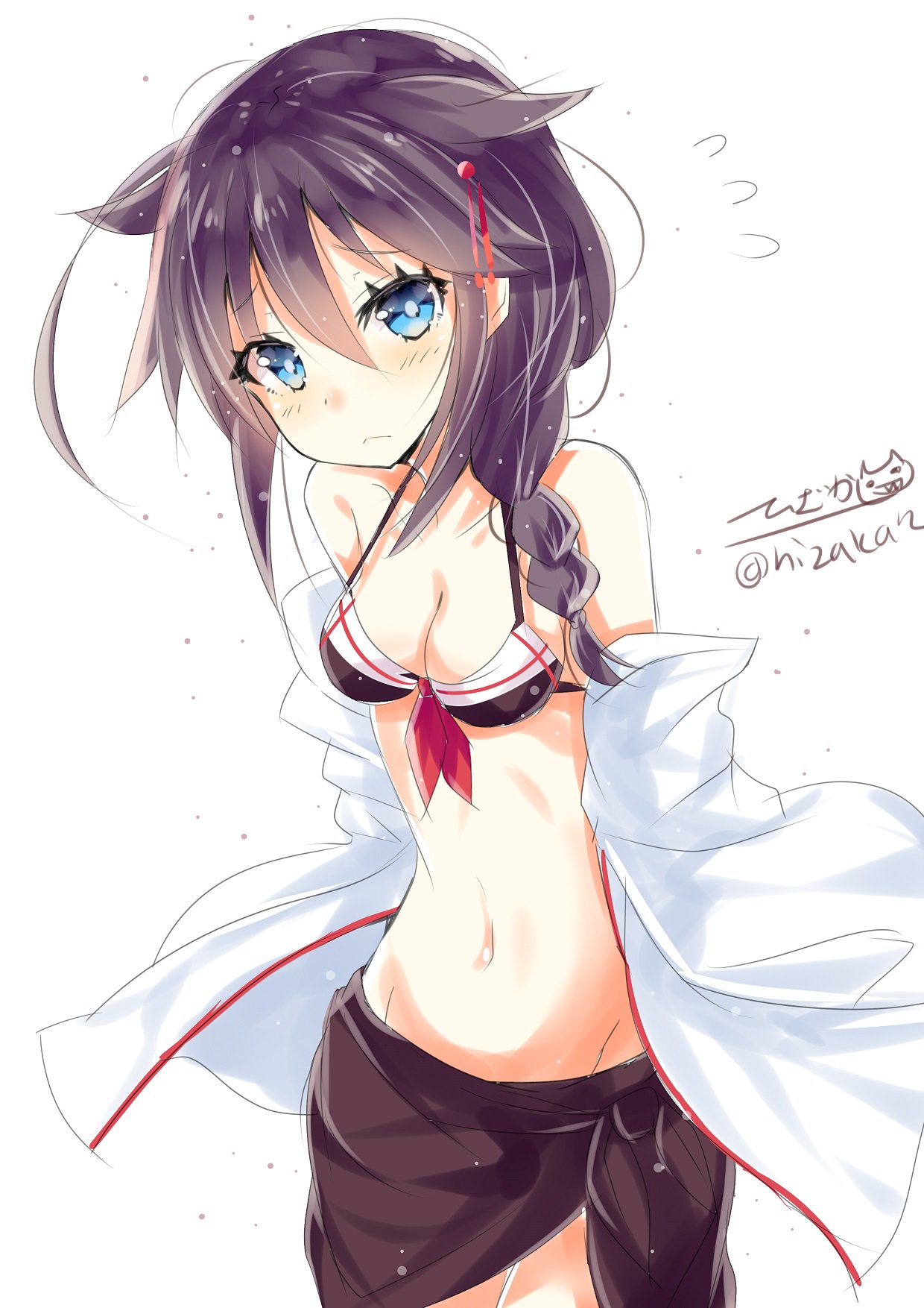 1girl bikini black_hair blue_eyes blush breasts closed_mouth eyebrows_visible_through_hair hair_between_eyes hair_ornament hairclip highres hizaka kantai_collection long_hair looking_at_viewer multicolored multicolored_bikini multicolored_clothes ponytail shigure_(kantai_collection) simple_background small_breasts solo swimsuit twitter_username white_background