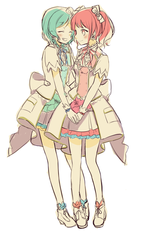 2girls ^_^ back_bow bang_dream! bangs blue_neckwear bow closed_eyes closed_eyes earrings eyebrows_visible_through_hair flower_earrings full_body gloves grin hair_bow hand_holding hikawa_hina jewelry maruyama_aya multiple_girls muted_color neck_ribbon overskirt pink_eyes pink_neckwear ribbon short_sleeves side_braids sidelocks simple_background sketch skirt smile standing twintails white_background white_bow white_footwear white_gloves yae_(eky_567)