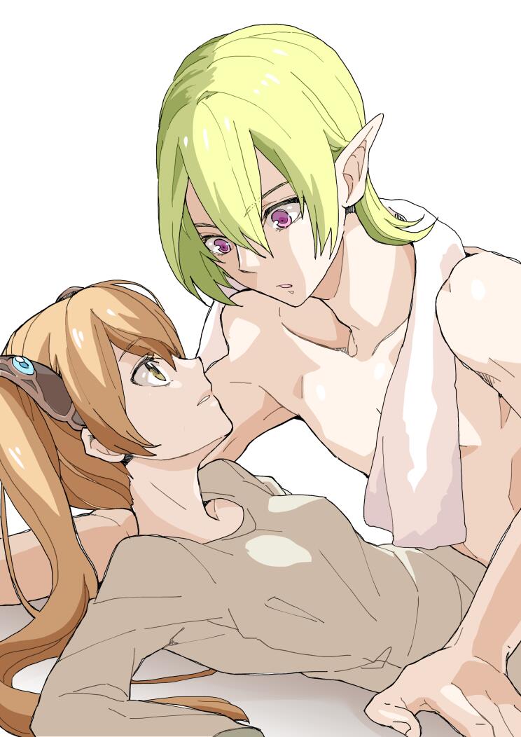 1boy 1girl bare_chest breasts brown_hair coma_(macaron) commentary_request eye_contact faize_scheifa_beleth green_hair long_hair looking_at_another lymle_lemuri_phi open_mouth parted_lips pointy_ears shirtless short_hair star_ocean star_ocean_the_last_hope towel towel_around_neck twintails upper_body violet_eyes
