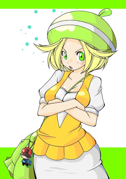 1girl bel_(pokemon) commentary_request green_eyes green_hat hat messy_hair millipen_(medium) open_mouth pokemon pokemon_(game) pokemon_bw short_hair solo traditional_media tsundere