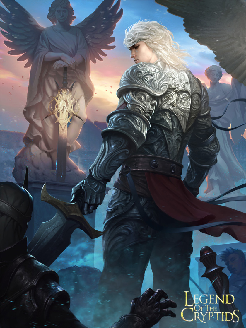 1boy back bird brown_hair clouds copyright_name faceless faceless_male gloves helmet legend_of_the_cryptids lius_lasahido long_hair male_focus official_art sky snow solo statue sword weapon white_hair