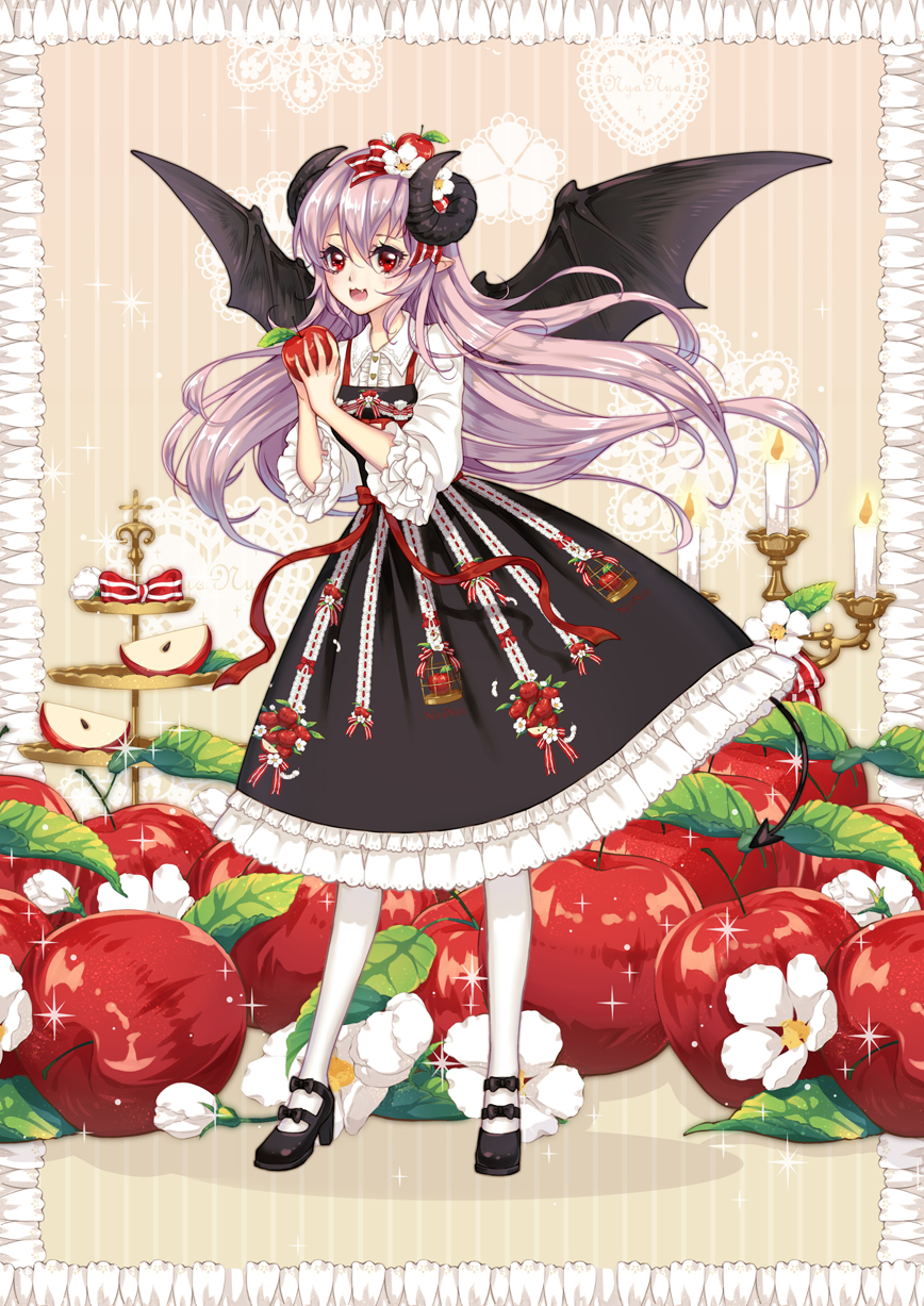 1girl :d apple bat_wings bbcat1984 black_dress black_footwear blouse bow candle dress food food_themed_hair_ornament fruit full_body hair_bow hair_ornament highres holding holding_food horns long_hair looking_at_viewer open_mouth original pantyhose pointy_ears purple_hair red_eyes shoes smile solo standing striped striped_bow tiered_tray white_blouse white_legwear wings