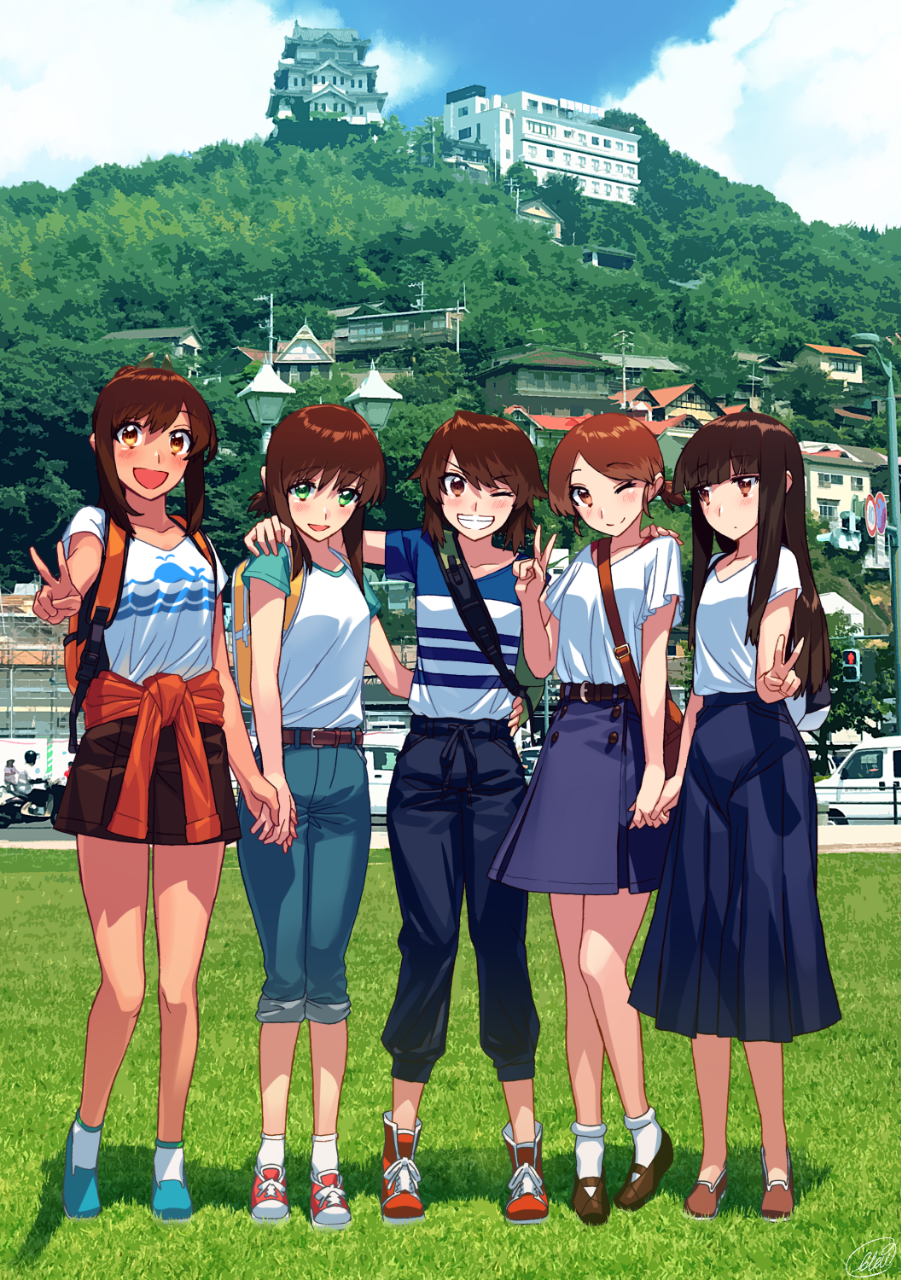 5girls backpack bag blew_andwhite blue_skirt brown_eyes brown_hair building casual clothes_around_waist denim fubuki_(kantai_collection) full_body green_eyes grin hatsuyuki_(kantai_collection) highres i-401_(kantai_collection) jacket jacket_around_waist jeans kantai_collection long_hair long_skirt looking_at_viewer looking_to_the_side low_ponytail low_twintails miyuki_(kantai_collection) mountain multiple_girls orange_jacket pagoda pants ponytail scenery shirayuki_(kantai_collection) shirt shoes short_hair short_ponytail skirt smile sneakers twintails white_shirt