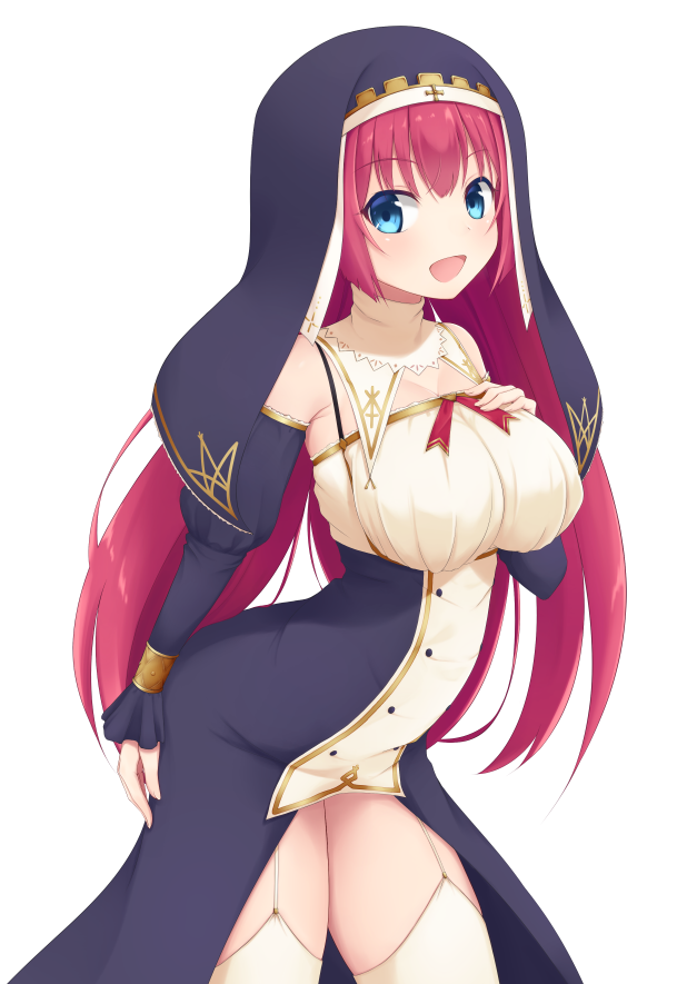 1girl :d avila_(oshiro_project) blue_eyes breasts hand_on_own_chest large_breasts long_hair looking_at_viewer midoriyama_soma nun open_mouth oshiro_project oshiro_project_re redhead simple_background smile solo thigh-highs white_background