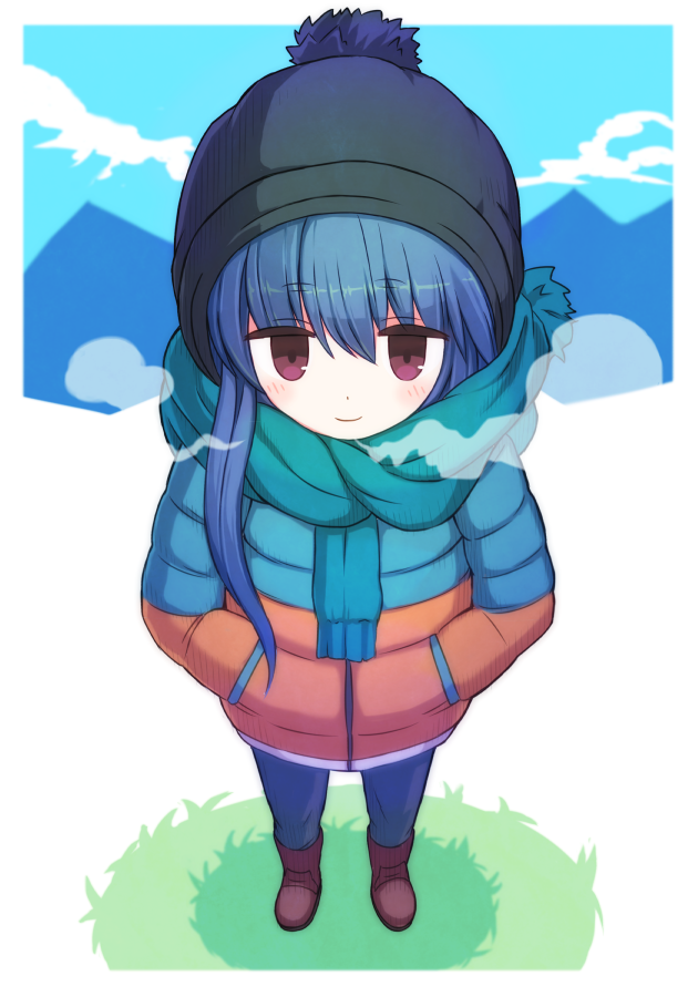 1girl bangs beanie blue_scarf blue_sky blush boots eyebrows_visible_through_hair full_body grass half-closed_eyes hands_in_pockets hat jacket long_sleeves looking_at_viewer mountain outdoors pants scarf shima_rin simple_background sky smile suta_(clusta) violet_eyes white_background winter_clothes yurucamp