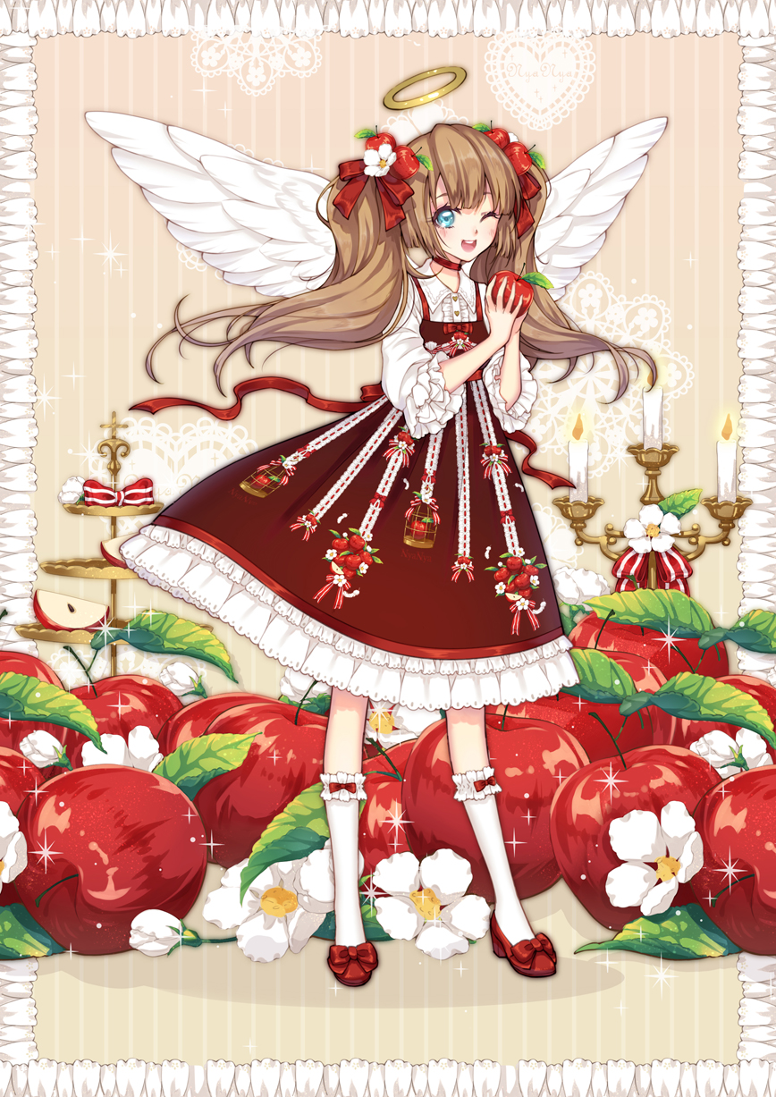 1girl ;d angel_wings apple bbcat1984 blouse blue_eyes bow brown_hair candle choker dress food food_themed_hair_ornament fruit full_body hair_bow hair_ornament halo highres holding holding_food kneehighs leaf long_hair looking_at_viewer one_eye_closed open_mouth original red_bow red_dress red_footwear red_neckwear shoe_bow shoes smile solo standing tiered_tray twintails white_blouse white_legwear white_wings wings