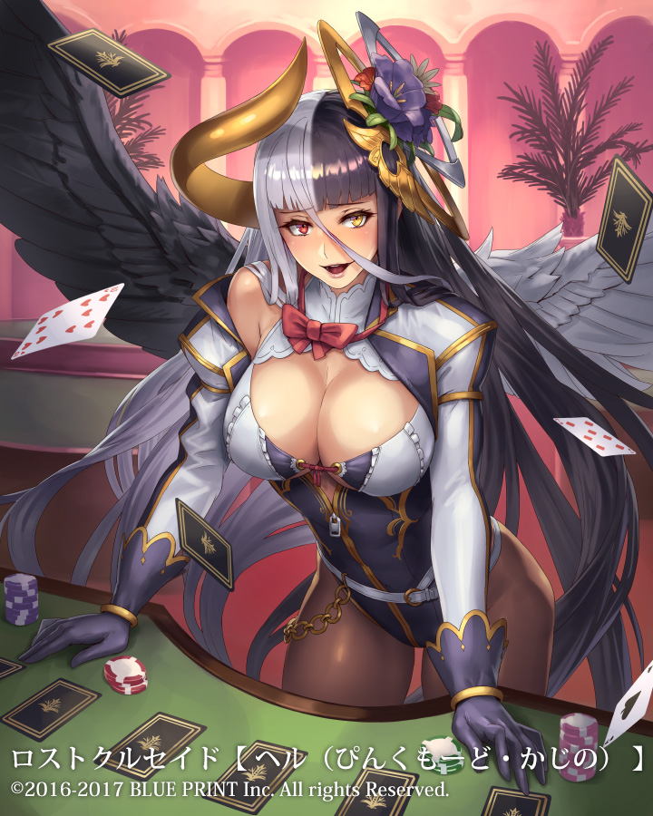 1girl :d belt black_gloves black_hair black_wing bow bowtie breasts brown_legwear card cleavage copyright_name cuboon demon_horns flower gloves hair_flower hair_ornament heterochromia horns indoors large_breasts leaning_forward long_hair long_sleeves lost_crusade multicolored_hair official_art open_mouth pantyhose plant playing_card poker_chip potted_plant red_eyes red_neckwear smile table two-tone_hair very_long_hair watermark white_hair white_wing yellow_eyes zipper