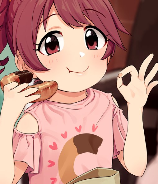 1girl blush brown_eyes brown_hair commentary_request dessert doughnut eating food holding holding_food idolmaster idolmaster_cinderella_girls looking_at_viewer ok_sign omaru_gyuunyuu pastry pink_shirt shiina_noriko shirt smile solo t-shirt younger