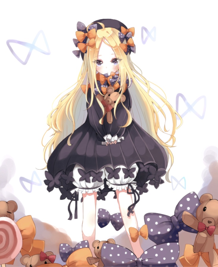 1girl abigail_williams_(fate/grand_order) bangs black_bow black_dress black_hat blonde_hair bloomers blue_eyes blush bow bug butterfly candy closed_mouth commentary_request dress eyebrows_visible_through_hair fate/grand_order fate_(series) food forehead hair_bow hat insect lollipop long_hair long_sleeves looking_at_viewer object_hug orange_bow parted_bangs polka_dot polka_dot_bow riruko_(tbskt6800) sleeves_past_wrists solo standing stuffed_animal stuffed_toy swirl_lollipop teddy_bear underwear very_long_hair white_bloomers