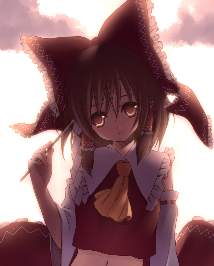 backlighting bloom bow brown_eyes brown_hair bust detached_sleeves gohei hair_bow hakurei_reimu head_tilt large_bow nana_mikoto navel touhou