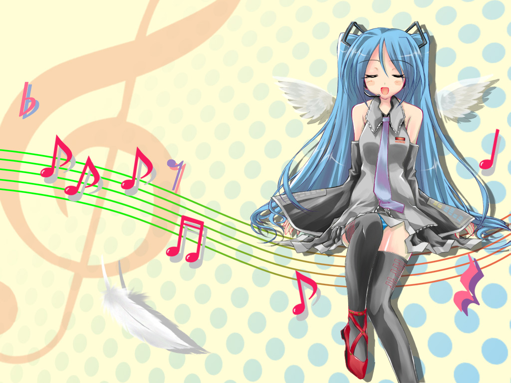 closed_eyes hatsune_miku long_hair musical_note open_mouth solo twintails vocaloid wings yellow