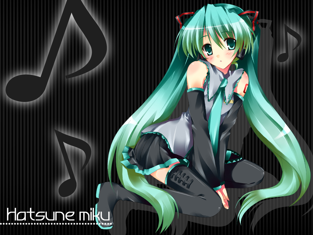 black hatsune_miku long_hair musical_note solo twintails vocaloid