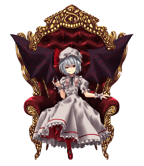 blue_hair chair cup cupping_glass hat nabeshima_tetsuhiro red_eyes remilia_scarlet short_hair sitting throne touhou what_is_a_man? wine_glass wineglass wings