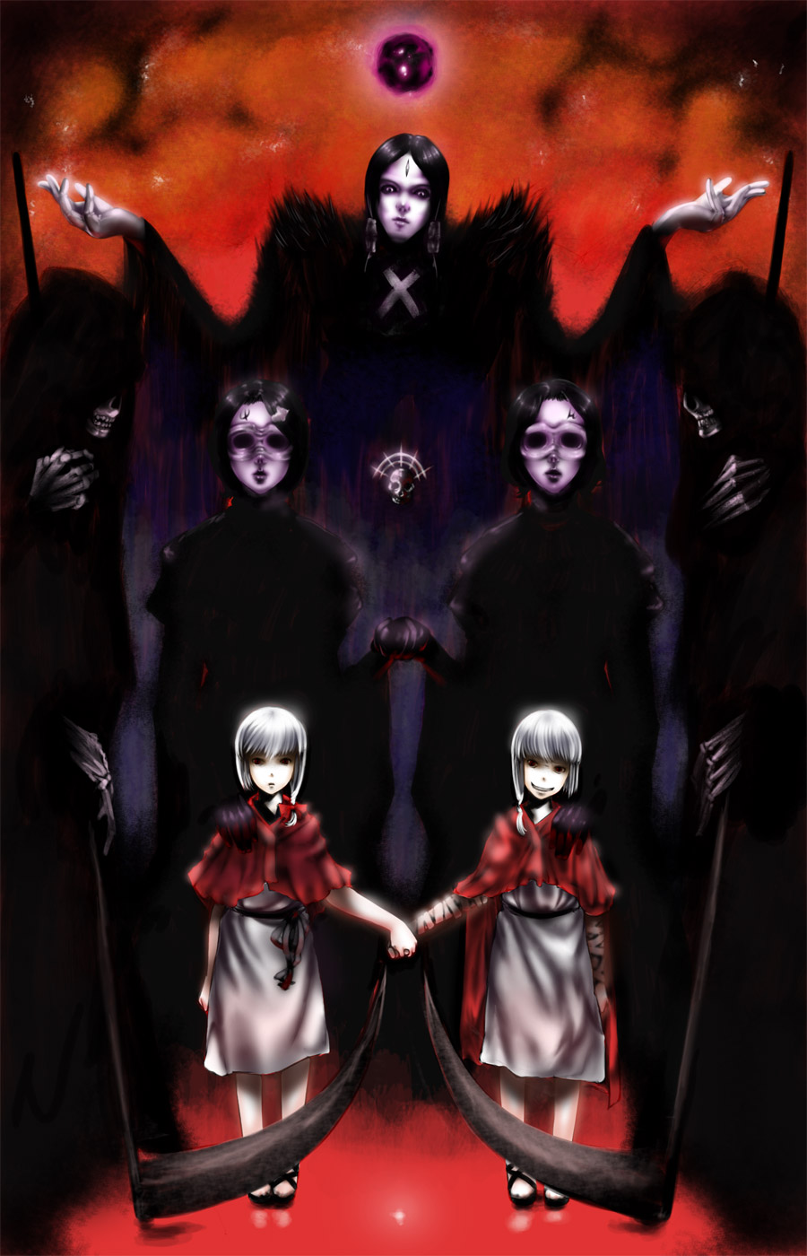 artemisia bandage bandages creepy dark death eleuseus empty_eyes evil hand_holding highres holding_hands moira mu_(sound_horizon) nounanka pale pale_skin phi_(sound_horizon) scary scythe siblings smile sound_horizon symmetry thanatos thanatos_(sound_horizon) twins