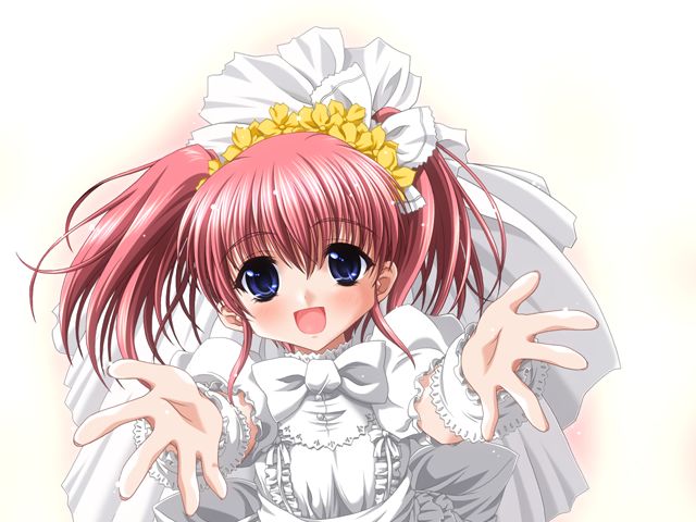 blush bow bridal_veil bride dress flower frills game_cg happy jpeg_artifacts kishi_aimi long_hair miyama-zero outstretched_arms outstretched_hand pink_hair princess_brave reaching redhead solo twintails veil wedding_dress wrist_cuffs
