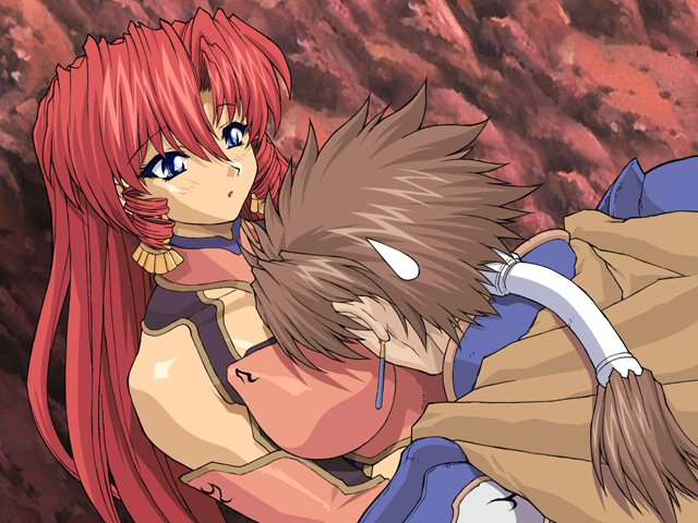 blue_eyes blush brave_soul breast_smother brown_hair cape drill_hair earrings game_cg jewelry long_hair mogudan open_mouth ponytail red_hair redhead ruby_(brave_soul) rudy rudy_(brave_soul) sweatdrop