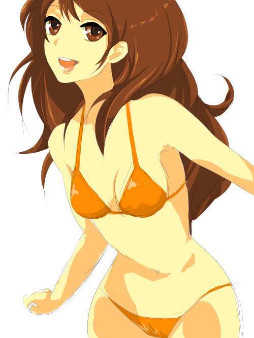 bikini_bottom bikini_top brown_eyes brown_hair kujikawa_rise long_hair persona persona_4 smile swimsuit