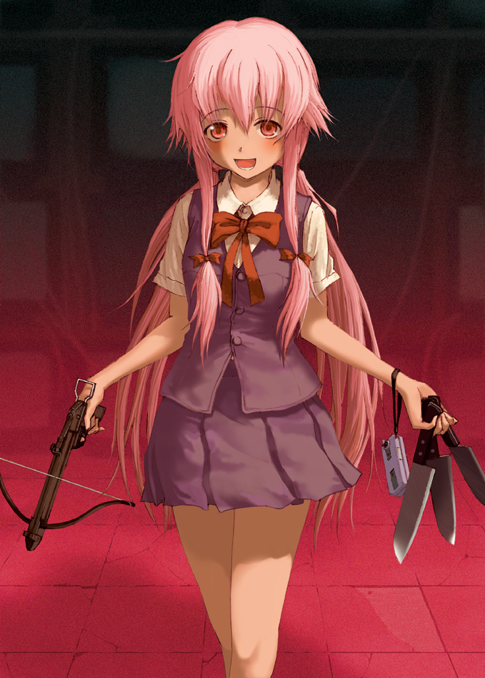 bow_(weapon) cellphone crossbow gasai_yuno ikagawa knife long_hair mirai_nikki phone pink_hair quzilax school_uniform skirt weapon yandere