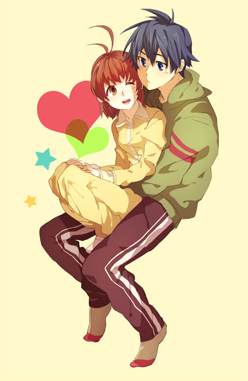 blue_hair brown_eyes brown_hair chiko_(beroro) chiko_(pixiv29364) clannad furukawa_nagisa heart hug husband_and_wife okazaki_tomoya pajamas short_hair wink