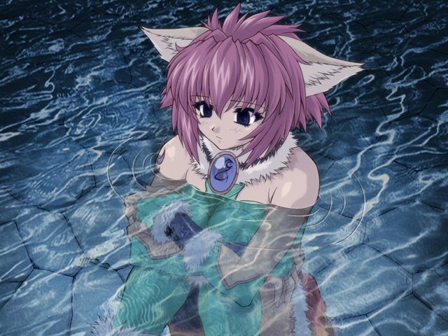 bare_shoulders brave_soul breast_hold cat_ears empty_eyes fur game_cg knees_on_chest leg_hug marin_(brave_soul) mogudan night outdoors red_hair redhead short_hair sitting tattoo water wet