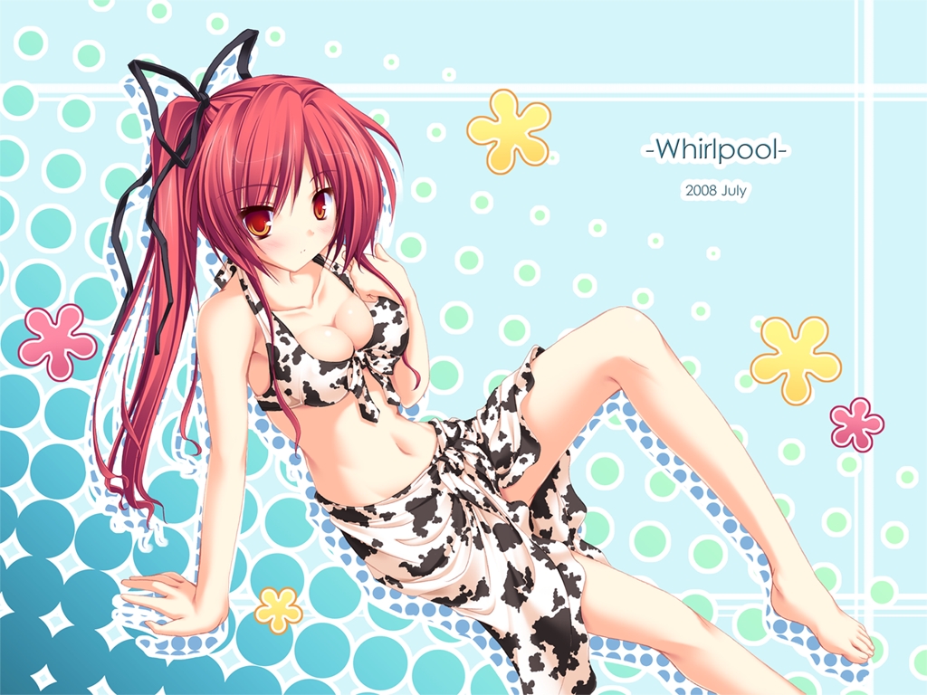 barefoot bikini breasts cleavage cow_print leaning_back long_hair magus_tale orange_eyes ponytail red_hair redhead sarong seera_finis_victoria sitting solo swimsuit tenmaso wallpaper