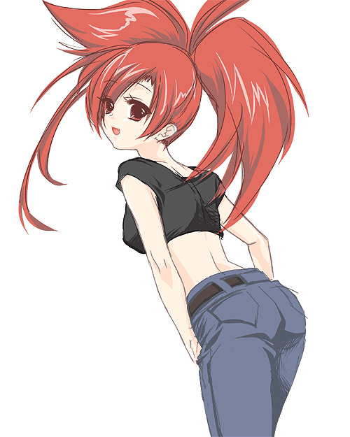 babydoll_t-shirt belt crop_top flannery gym_leader jeans looking_back midriff pokemon pokemon_(game) pokemon_rse red_eyes red_hair redhead saotome_minami simple_background smile solo t-shirt tee_shirt twintails white_background