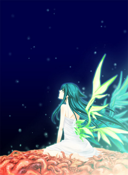 green_hair night organs saya saya_no_uta sitting star stars wings