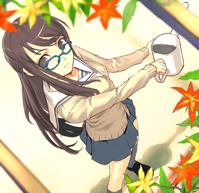 artist_request brown_eyes brown_hair from_above glasses leaf long_hair school_uniform serafuku skirt solo source_request watering_can