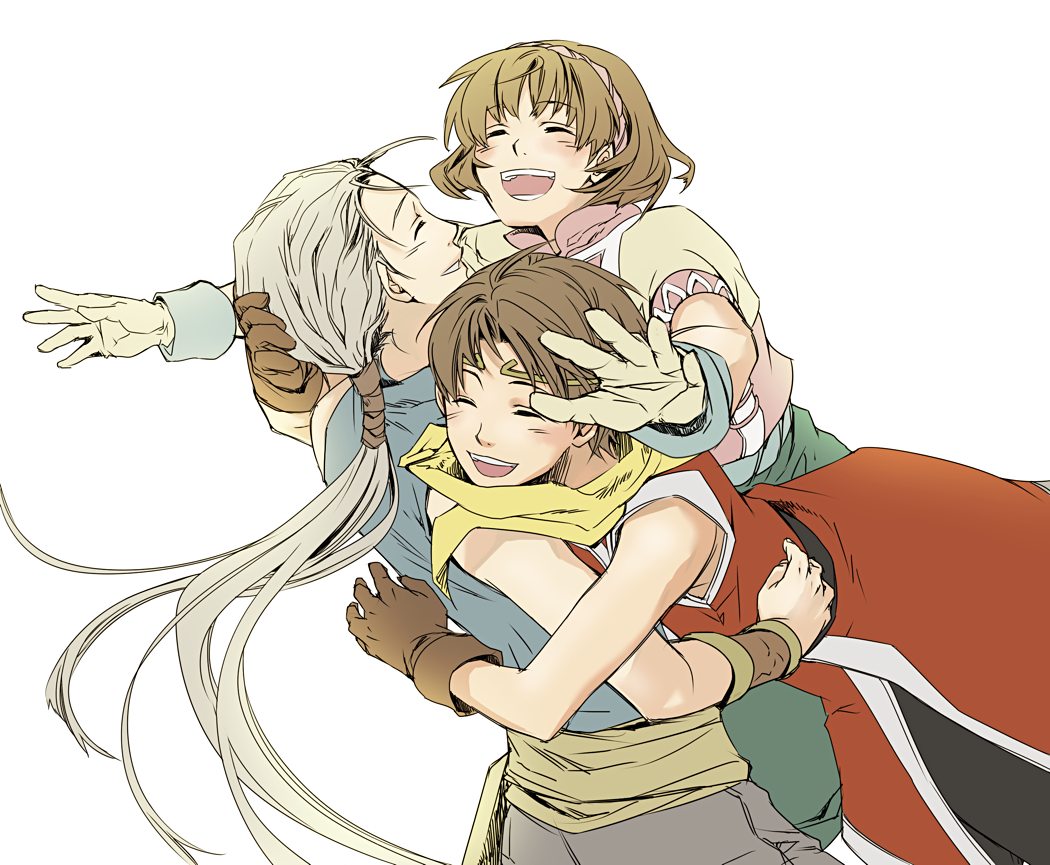 1girl 2boys :d brown_hair circlet closed_eyes commentary_request gensou_suikoden gensou_suikoden_ii gloves group_hug hairband hug jowy_atreides-blight moge3 multiple_boys nanami_(suikoden) open_mouth ponytail riou short_hair smile wristband