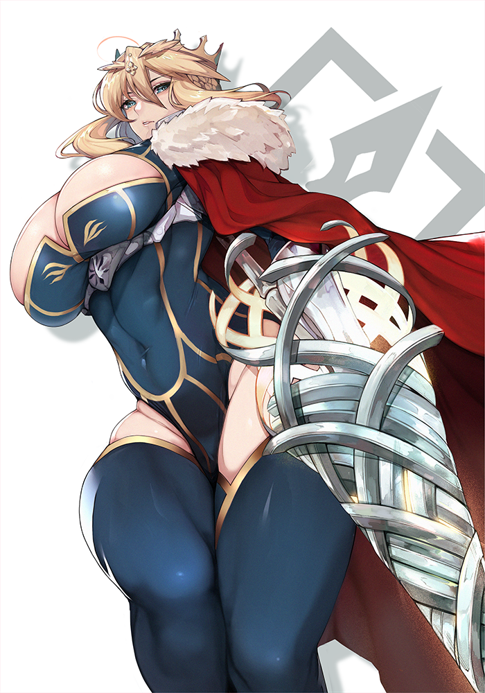 1girl ahoge armor artoria_pendragon_(all) artoria_pendragon_(lancer) bangs blue_legwear braid breasts cape crown fate/grand_order fate_(series) french_braid fur-trimmed_cape fur_trim gauntlets hair_between_eyes kamaboko_(ossann0125) lance large_breasts polearm red_cape rhongomyniad sidelocks solo swept_bangs weapon