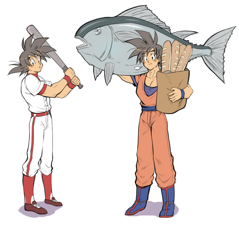 1boy :o =3 arm_up ayo_(isy8800) bag baseball_bat baseball_uniform belt black_eyes black_hair boots bread dougi dragon_ball dragon_ball_super dragonball_z eyebrows_visible_through_hair fish food frown full_body long_sleeves looking_away male_focus shadow shirt short_hair simple_background son_gokuu spiky_hair sportswear standing uniform white_background white_shirt wristband