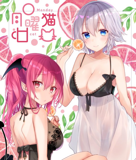 2girls backless_outfit bare_arms bare_back bare_shoulders black_bow black_dress black_ribbon blue_eyes blush bow braid breasts candy cleavage collarbone commentary_request cowboy_shot demon_tail demon_wings dress eyebrows_visible_through_hair food from_behind fruit hair_between_eyes halterneck hand_up head_wings holding holding_food izayoi_sakuya koakuma large_breasts leaf lollipop long_hair looking_at_viewer looking_back multiple_girls natsuki_(ukiwakudasai) pink_eyes pink_hair pointy_ears ribbon see-through_silhouette short_hair silver_hair sitting spaghetti_strap standing tail touhou translated twin_braids upper_body white_background wings