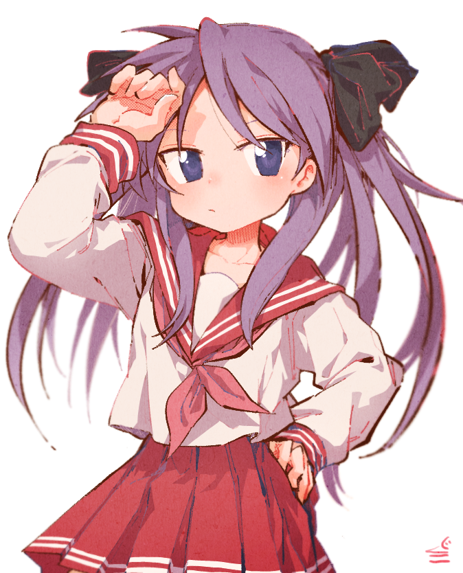 1girl bangbaek black_bow blue_eyes bow closed_mouth collarbone hair_bow hand_on_hip hand_up hiiragi_kagami long_hair long_sleeves lucky_star neckerchief pink_neckwear pleated_skirt purple_hair red_sailor_collar red_skirt ryouou_school_uniform sailor_collar shirt simple_background skirt solo tsurime twintails white_background white_shirt