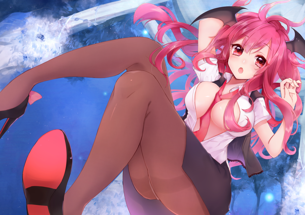 1girl :o arm_up arms_up ass between_breasts black_footwear black_skirt black_vest blush bow breasts brown_legwear commentary_request demon_wings eyebrows_visible_through_hair feet_out_of_frame hair_between_eyes hand_up head_wings high_heels knees_up koakuma large_breasts long_hair looking_at_viewer natsuki_(ukiwakudasai) necktie necktie_between_breasts open_clothes open_mouth open_shirt pantyhose pink_bow red_eyes red_neckwear redhead shiny shiny_skin shirt short_sleeves skirt solo thighs touhou vest white_shirt wing_collar wings