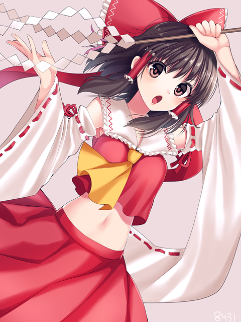 1girl :o ascot bangs black_hair bow breasts brown_eyes detached_sleeves frilled_bow frills gohei hair_bow hair_tubes hakurei_reimu hakusai_ponzu holding long_sleeves looking_at_viewer medium_breasts medium_hair navel open_mouth red_bow red_skirt ribbon-trimmed_sleeves ribbon_trim skirt solo stomach touhou v-shaped_eyebrows wide_sleeves yellow_neckwear